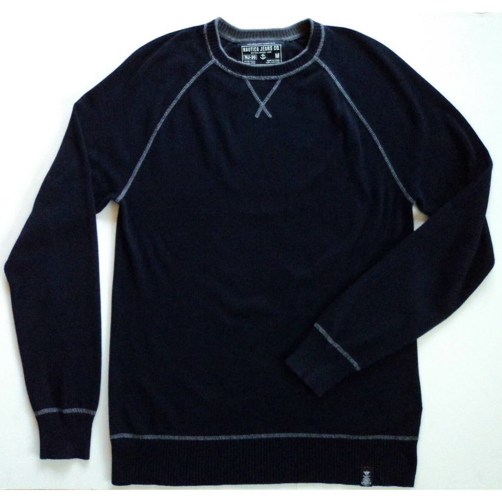 Nautica Jeans Co Mens M Pullover Knit Sweater Navy Blue Crew Neck Ragland Medium